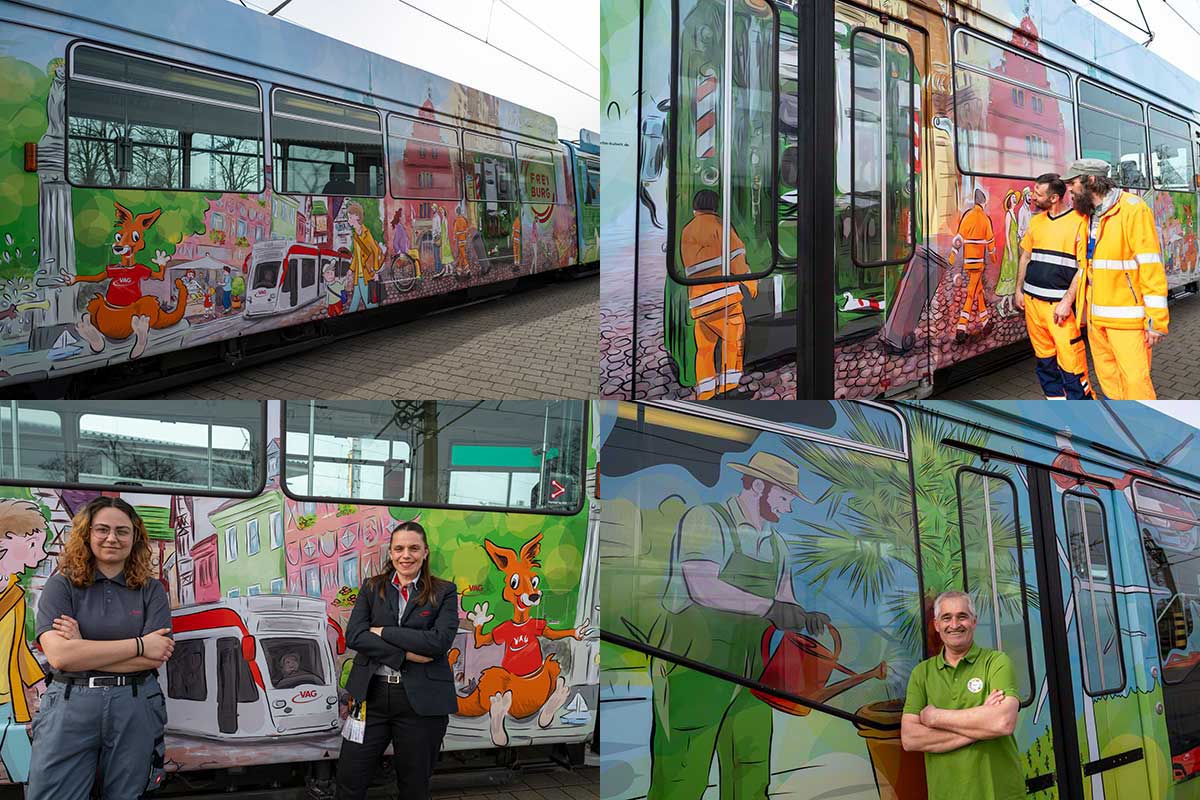 Bildcollage mit Wimmelbahn und drei Fotos mit Angestellten der städtischen Gesellschaften