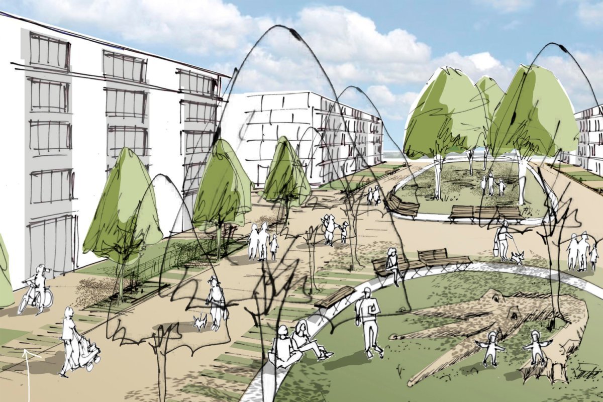 Stadtgestaltung im neuen Stadtteil Dietenbach, Großer Trichterplatz, Skizze: Barbara deHaen Zeichnung einer Parksituation mit Wiese, Bäumen, Wegen und Menschen mit Wohnhäusern am Rand