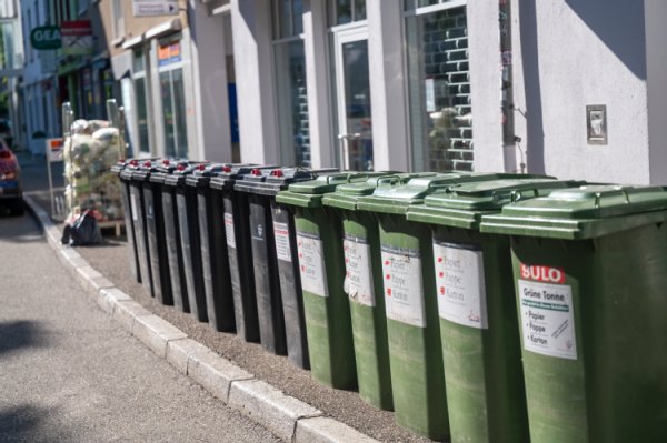 Viele Müllbehälter stehen an der Straße