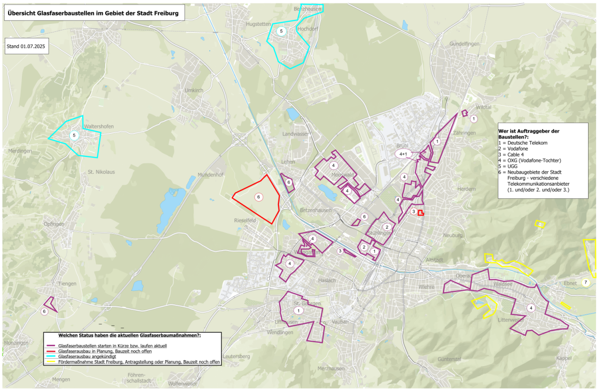 Karte mit Markierungen für Glasfaser-Baustellen in Freiburg