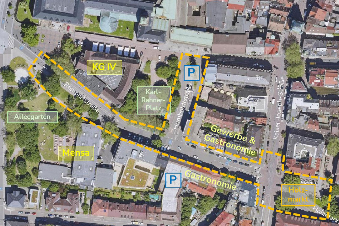 Luftaufnahme der Rempartstraße mit Umzeichnung