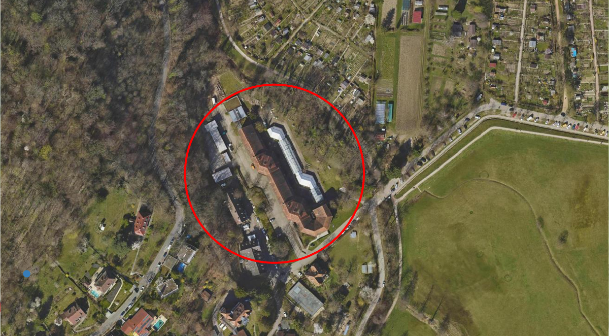 Luftbild: Markiert ist die Forstwirtschaftliche Versuchs- und Forschungsanstalt