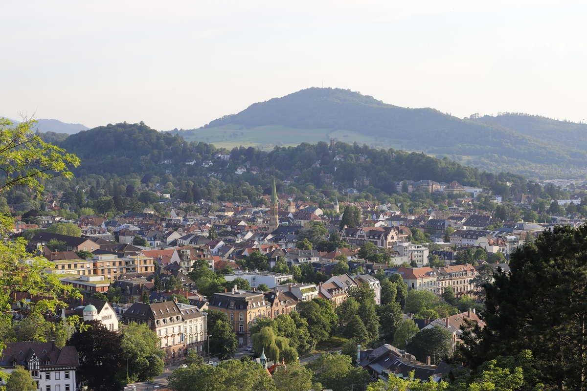 Wald, Hügel, und Siedlung aus der Luft fotografiert
