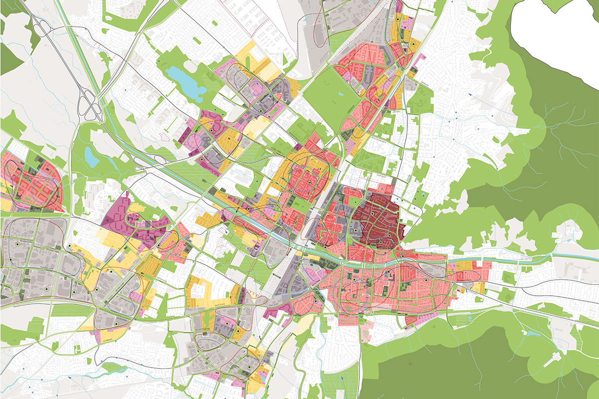 Stadtkarte von Freiburg mit Markierungen von Ausschnitten aus dem Maßnahmenplan