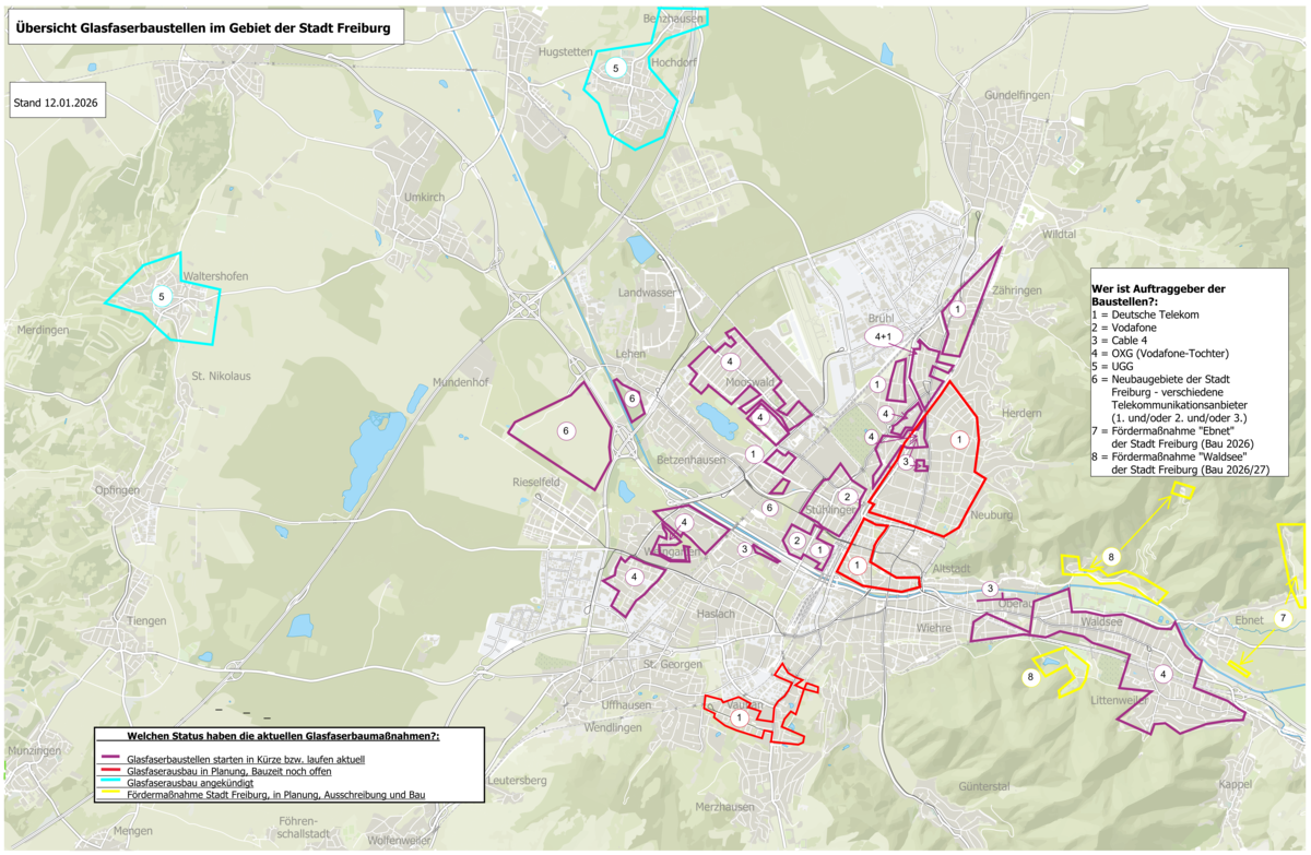 Karte mit Markierungen für Glasfaser-Baustellen in Freiburg