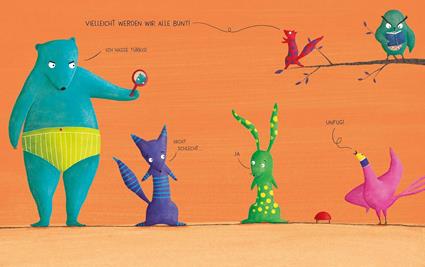 Illustration mit großem blauen Bär, der eine Lupe hält, lila Fuchs, grüner Hase und rotes Eichhörnchen