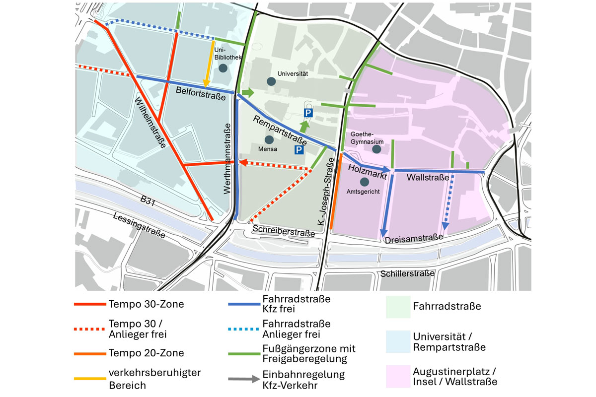 Straßenskizze mit der bisherigen Verkehrsführung rund um die Rampartstraße