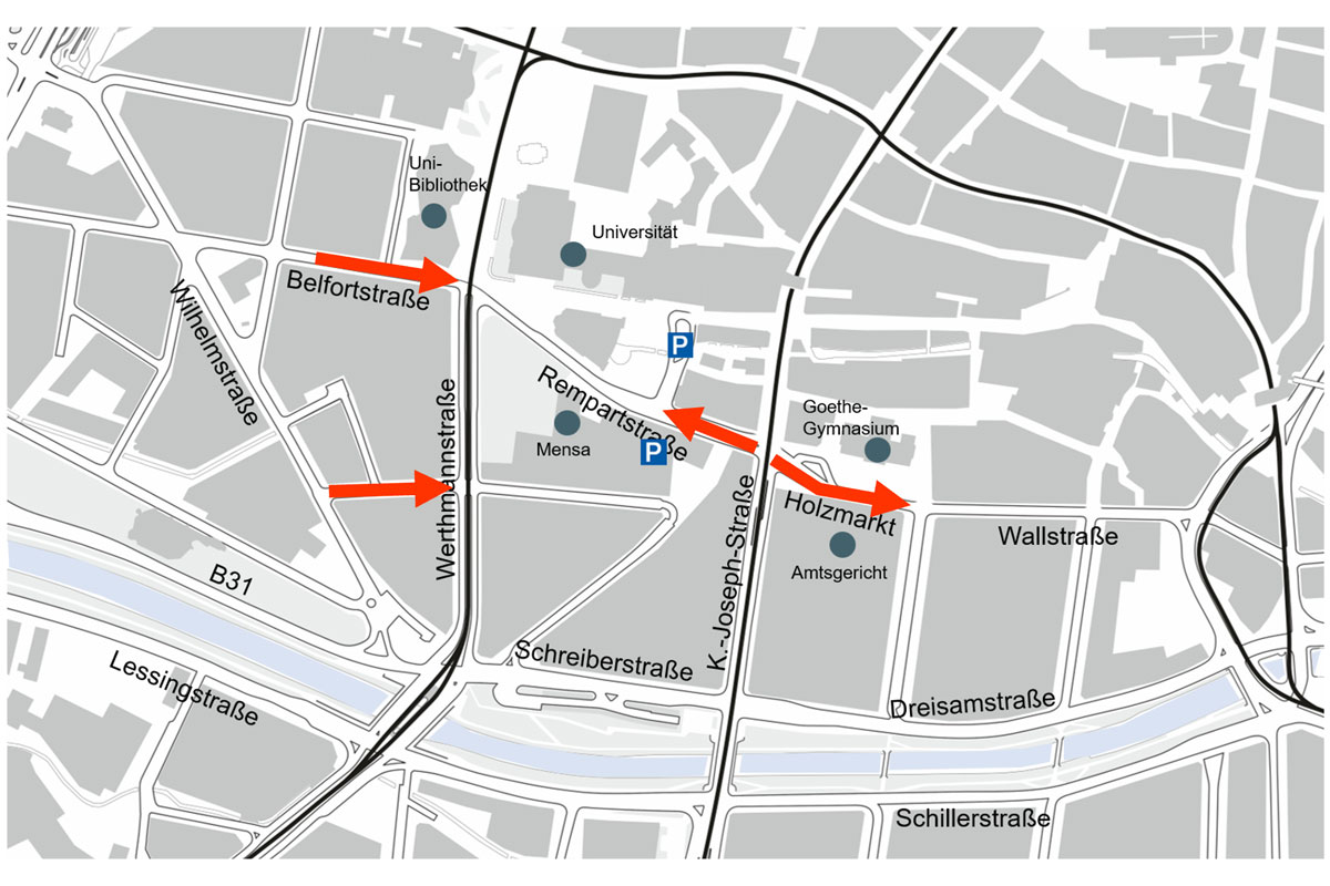 Karte: Bereich Rempartstraße mit Einzeichnungen wie in Überschrift