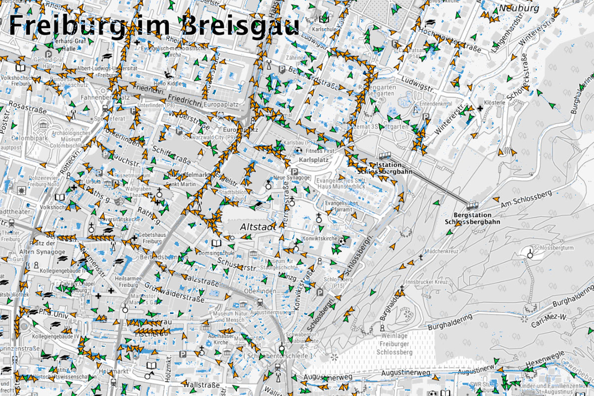 Ausschnitt aus der Starkregengefahrenkarte für die Freiburger Innenstadt