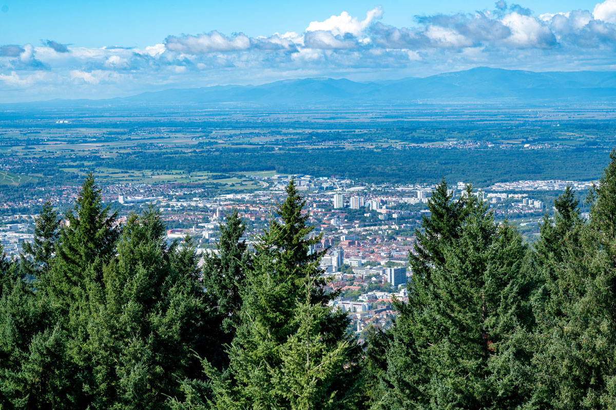 Luftaufnahme mit Blick auf Freiburg