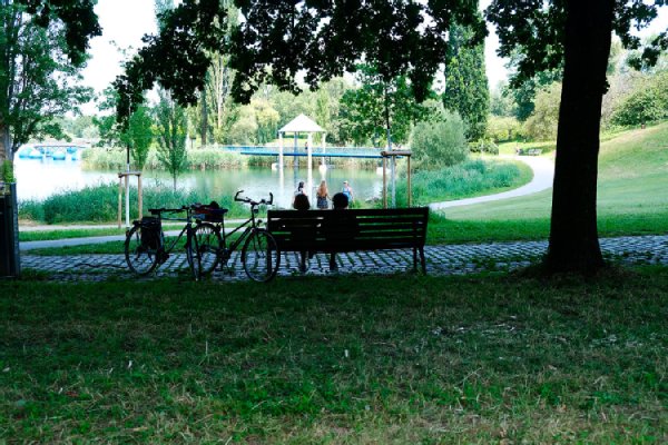 Bank mit Menschen im Seepark unter Bäumen