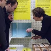 Eine Besucherin und zwei Besucher in der Ausstellung Freiburg sammelt.