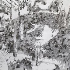 Schwarz weißes abstraktes Landschaftsbild aus Tusche auf weißem Hintergrund von der Künstlerin Svenja Kreh.
