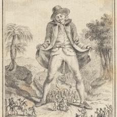 Ein riesiger Mann, der breitbeinig über einem Weg steht, soass die normal großen Menschen zwischen seinen Beinen hindurch laufen. Kreidebild von Louis-Joseph Lefèvre vor 1797.