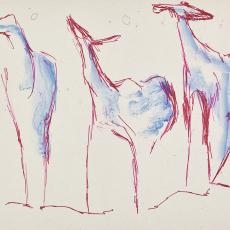 Zeichnung von Priska von Martin, drei blaue Rehe mit roten Umrissen