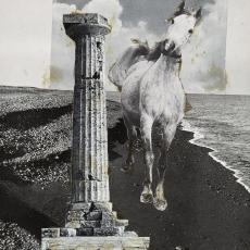 Collage von Priska von Martin in schwarz-weiß mit einem Pferd am Strand und einer dorischen Säule