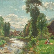 Gemälde, Zwei Kinder sitzen am Ufer eines Flusses 