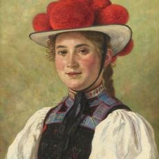 Portätgemälde einer jungen Frau in Tracht mit rotem Bollenhut 