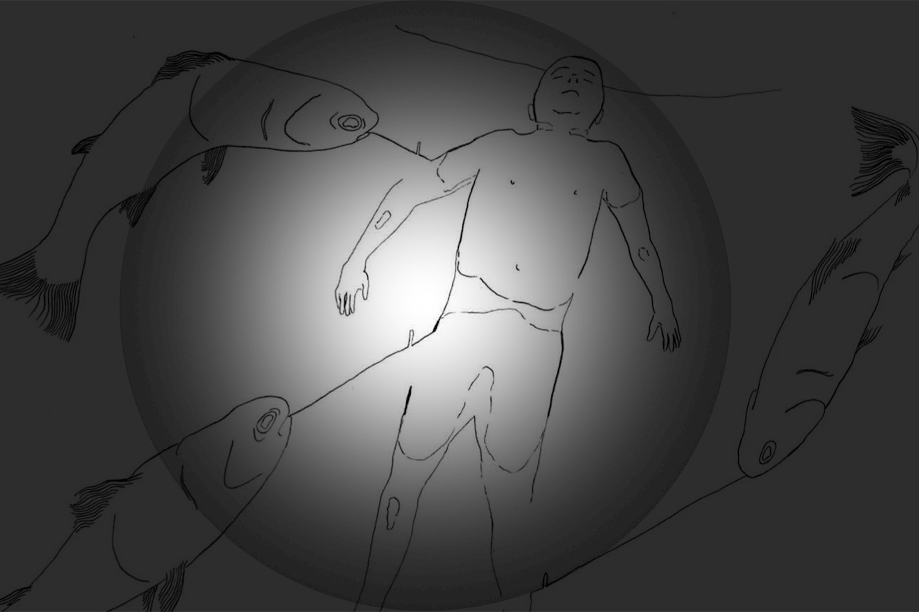 Ein Bild mit grauem Hintergrund, auf dem Fische und ein Mensch in der Mitte gezeichnet sind. Die Mitte des Bildes wird hell beleuchtet.