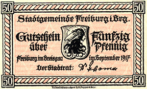 A-Seite des 50-Pf. Gutscheins als Kleingeldersatz, Freiburg 1917 