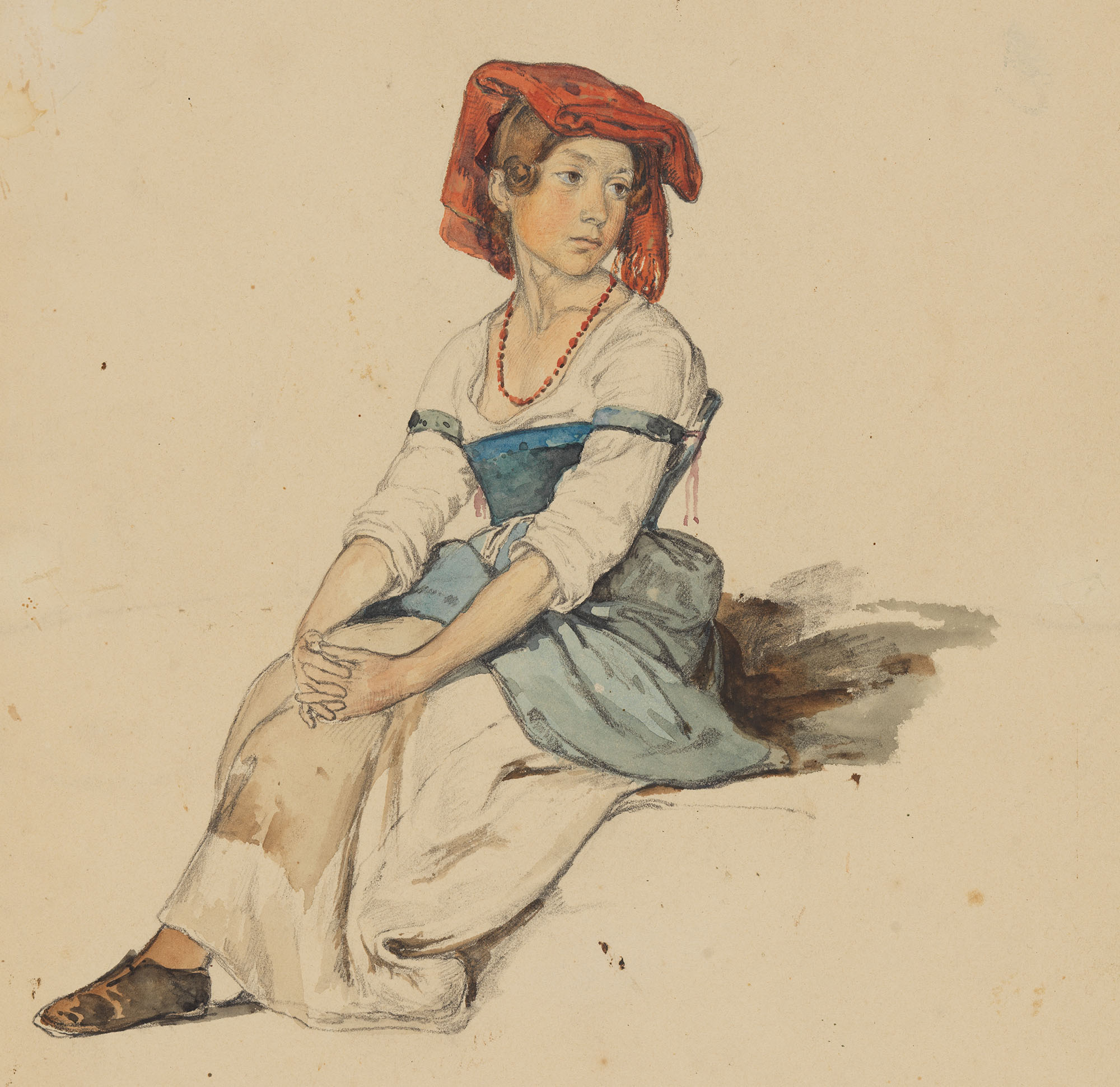 Johann Baptist Kirner, Italienisches Mädchen mit roter Kopfbedeckung,um 1832/1837, Aquarell, Kunsthalle Karlsruhe