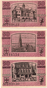 B-Seiten der 50 Pf. Seriennotgeld-Serie der Stadt Freiburg aus Anlass des 800-jährigen Stadtjubiläums 1920