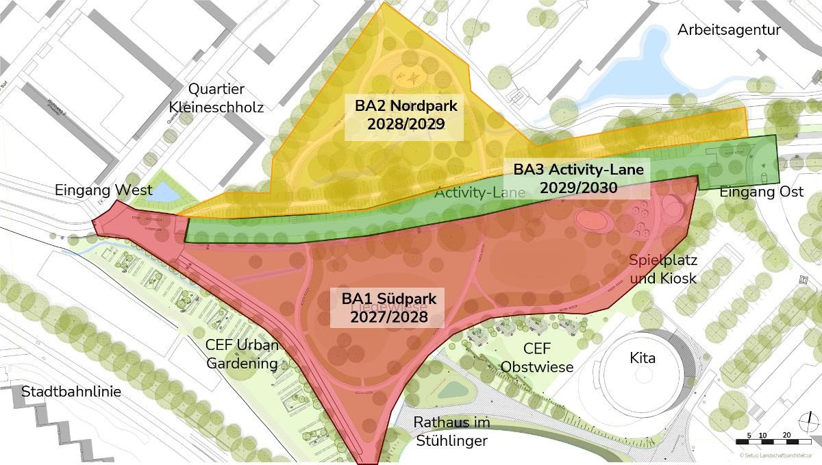 Skizze des neuen Parks, in Bauabschnitte unterteilt.