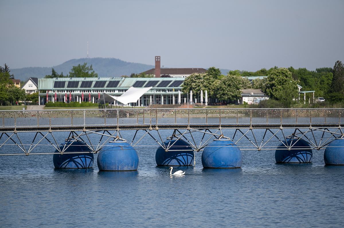 Brücke, die über einen See führt, im Hintergrund grüne Landschaft